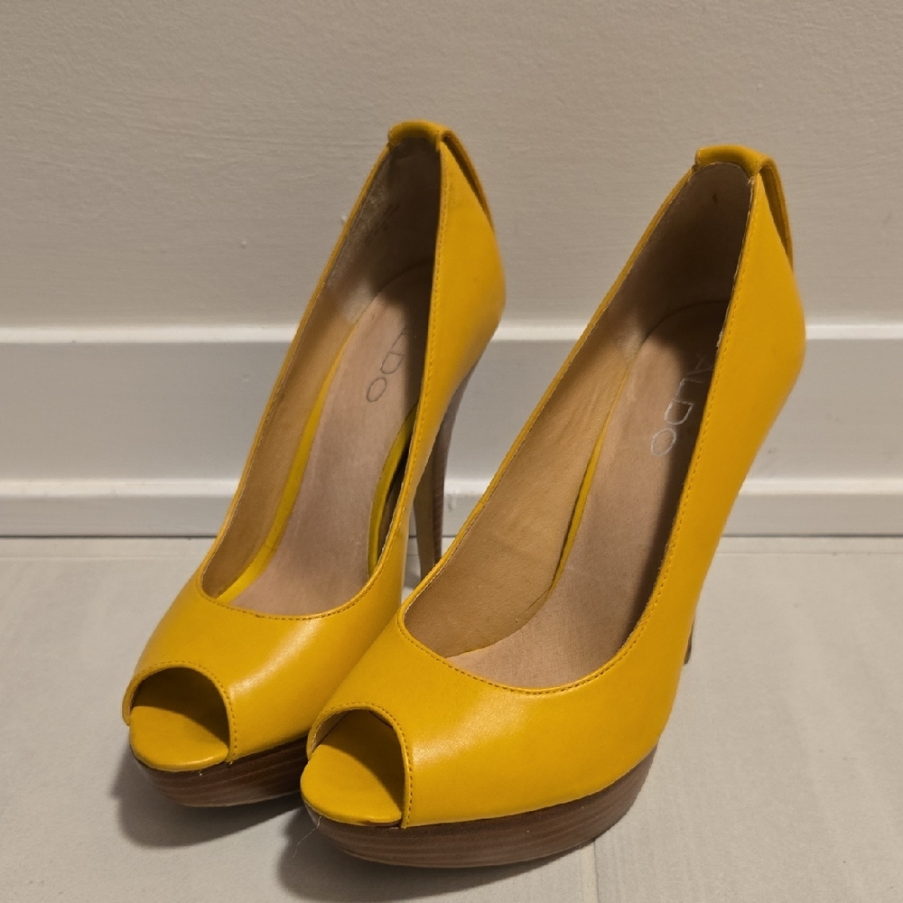 Aldo Yellow Peep-Toe Platform Heels
